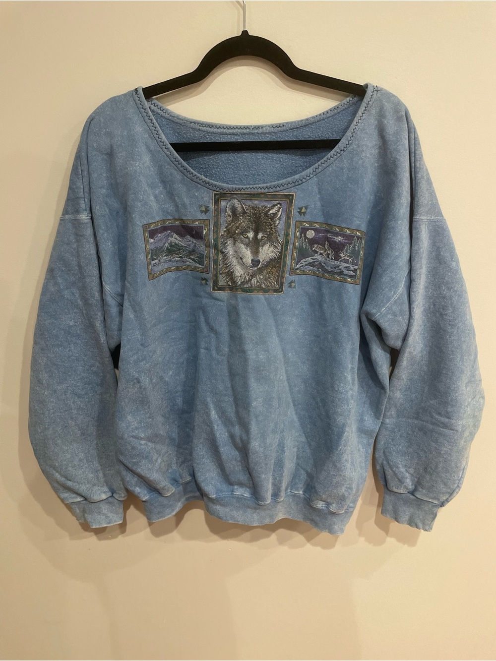 VTG 90s Dark Blue Wolf Print Crewneck Sweatshirt Large Navy Blue Oversized